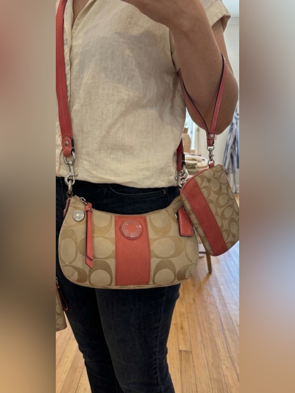 Coach Signature Canvas Shoulder Bag with Coral Trim and wristlet